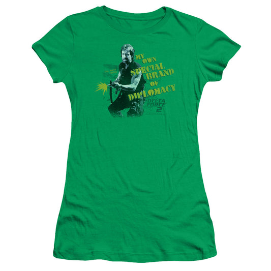 Delta Force 2 Special Diplomacy Junior Sheer Cap Sleeve Womens T Shirt Kelly Green