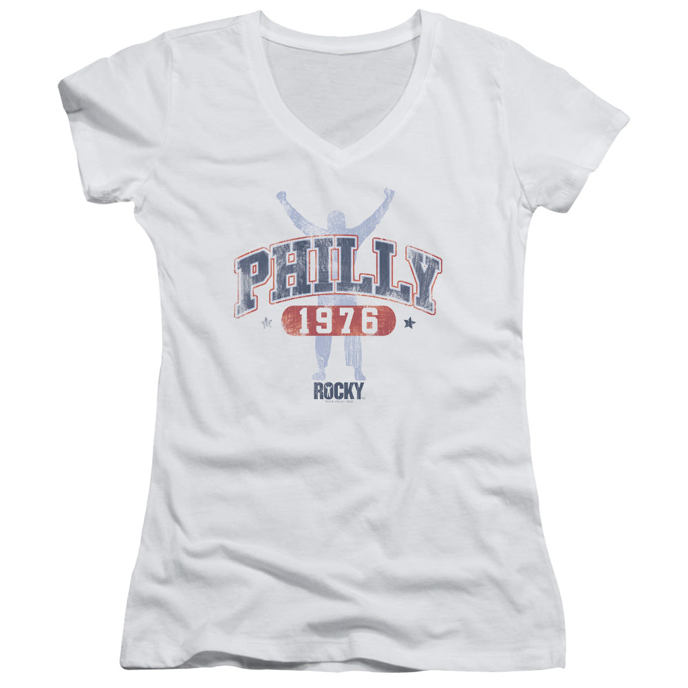 Rocky Philly 1976 Junior Sheer Cap Sleeve V-Neck Womens T Shirt White