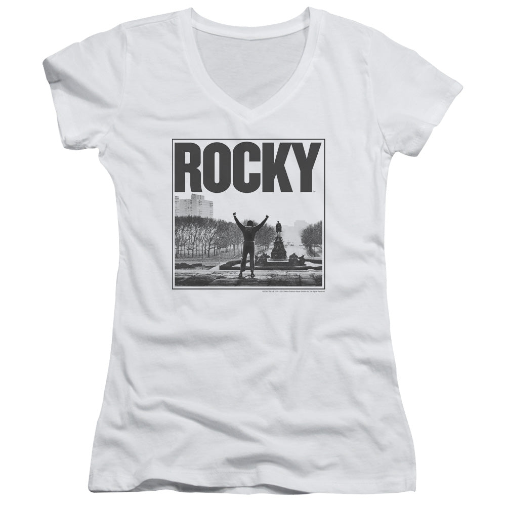 Rocky Top Of The Stairs Junior Sheer Cap Sleeve V-Neck Womens T Shirt White