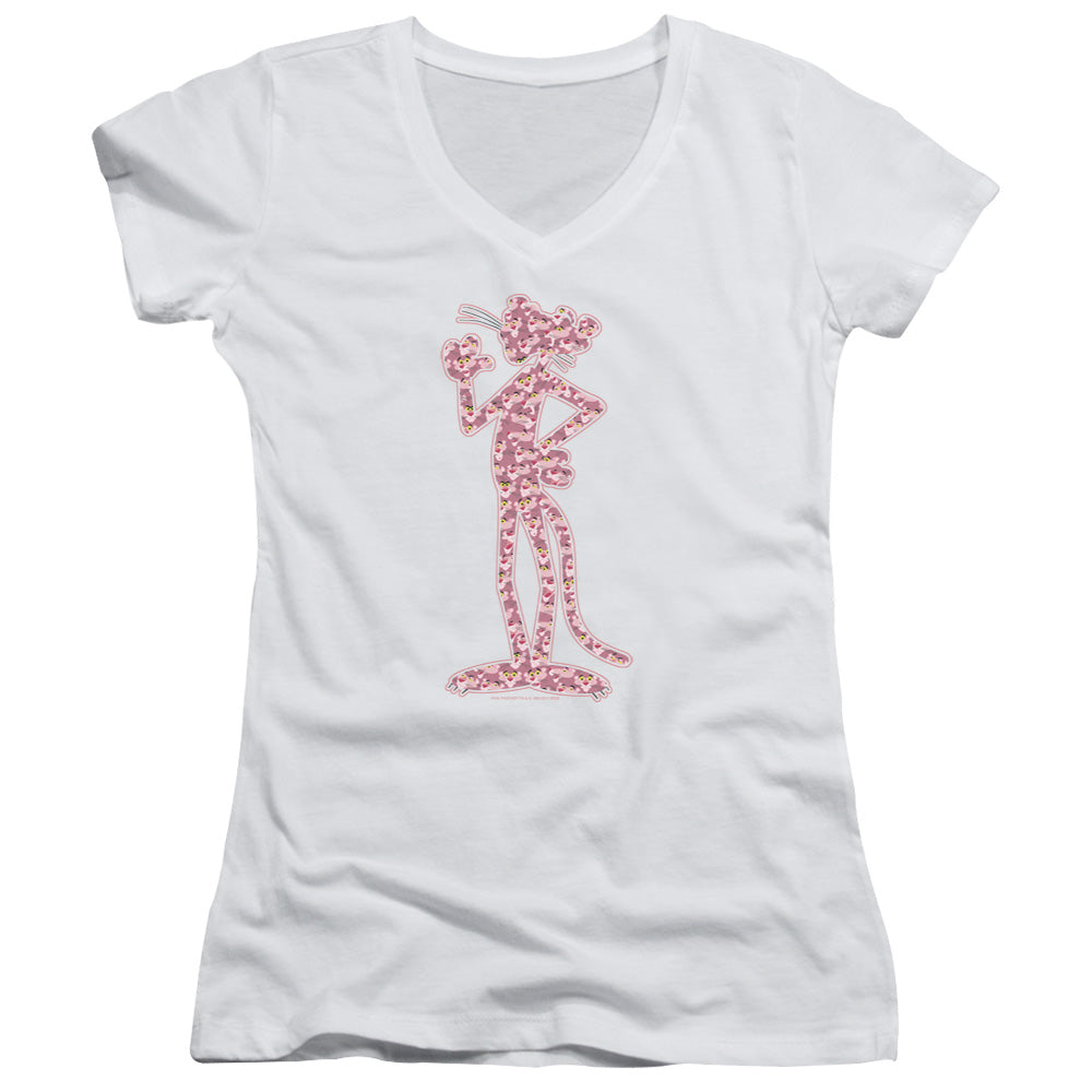 Pink Panther Heads Junior Sheer Cap Sleeve V Neck Womens T Shirt White