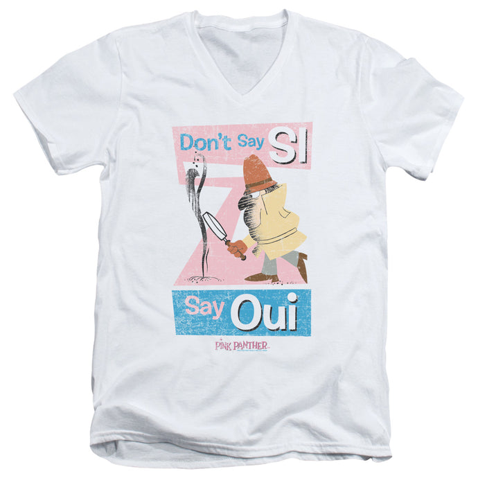 Pink Panther Say Oui Mens Slim Fit V-Neck T Shirt White