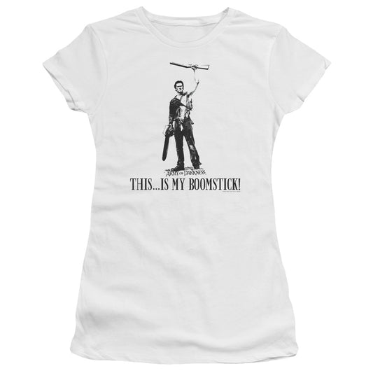 Army Of Darkness Boomstick! Junior Sheer Cap Sleeve Womens T Shirt White