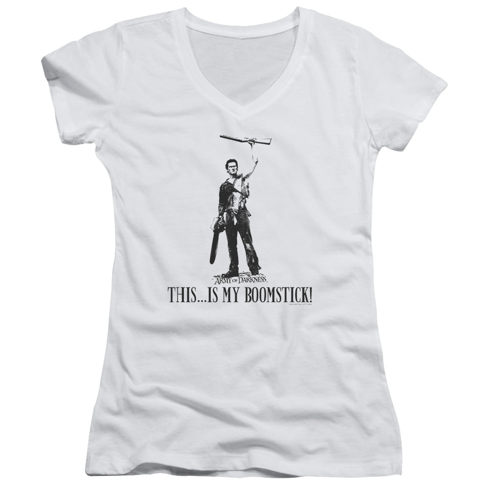 Army Of Darkness Boomstick! Junior Sheer Cap Sleeve V-Neck Womens T Shirt White