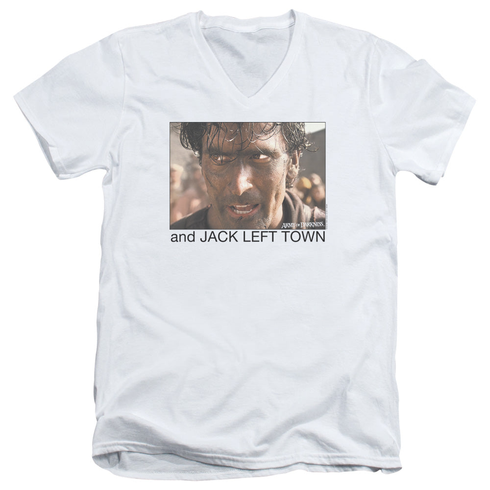 Army Of Darkness Jack Left Town Mens Slim Fit V-Neck T Shirt White