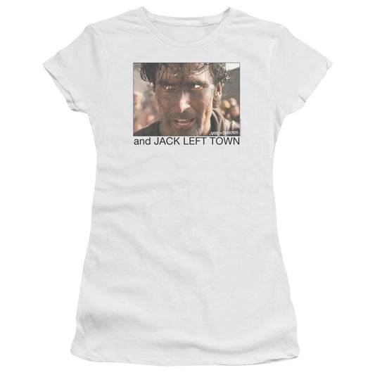 Army Of Darkness Jack Left Town Junior Sheer Cap Sleeve Womens T Shirt White