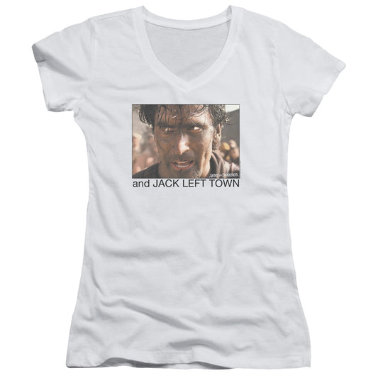 Army Of Darkness Jack Left Town Junior Sheer Cap Sleeve V-Neck Womens T Shirt White