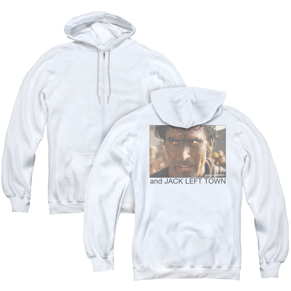 Army Of Darkness Jack Left Town Back Print Zipper Mens Hoodie White