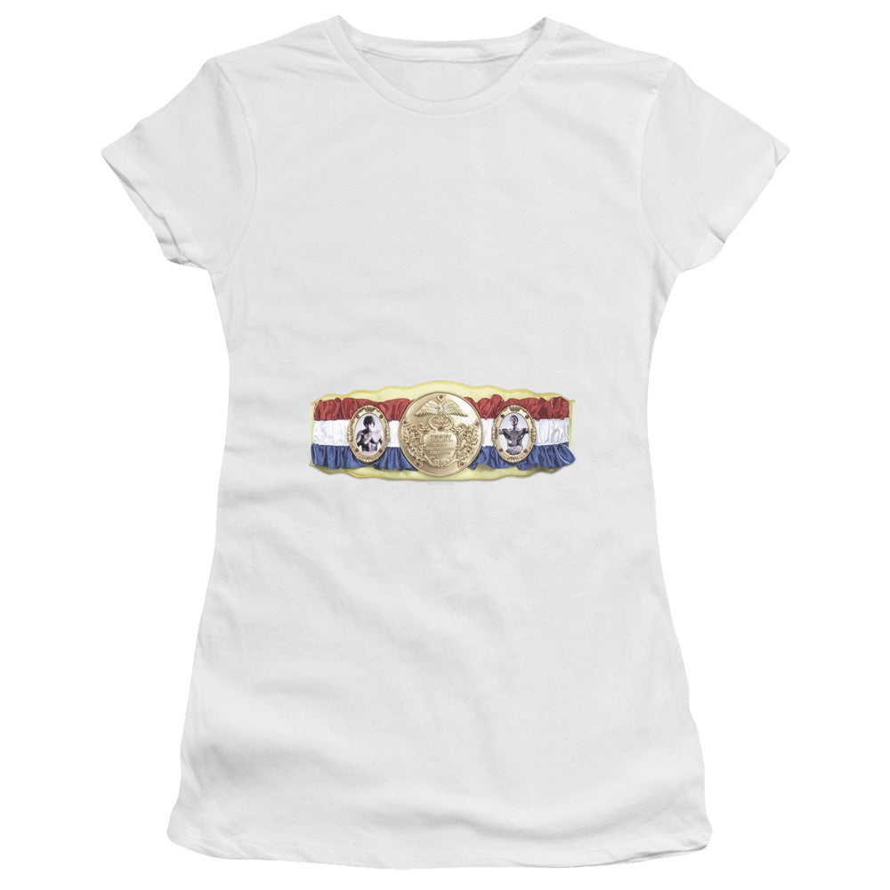 Rocky Championship Belt (Bottom Front) Junior Sheer Cap Sleeve Womens T Shirt White