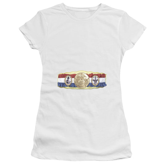 Rocky Championship Belt (Bottom Front) Junior Sheer Cap Sleeve Womens T Shirt White