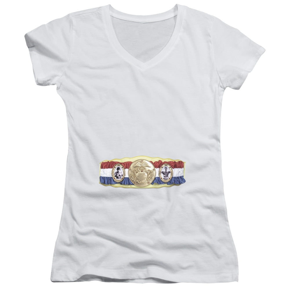 Rocky Championship Belt (Bottom Front) Junior Sheer Cap Sleeve V-Neck Womens T Shirt White