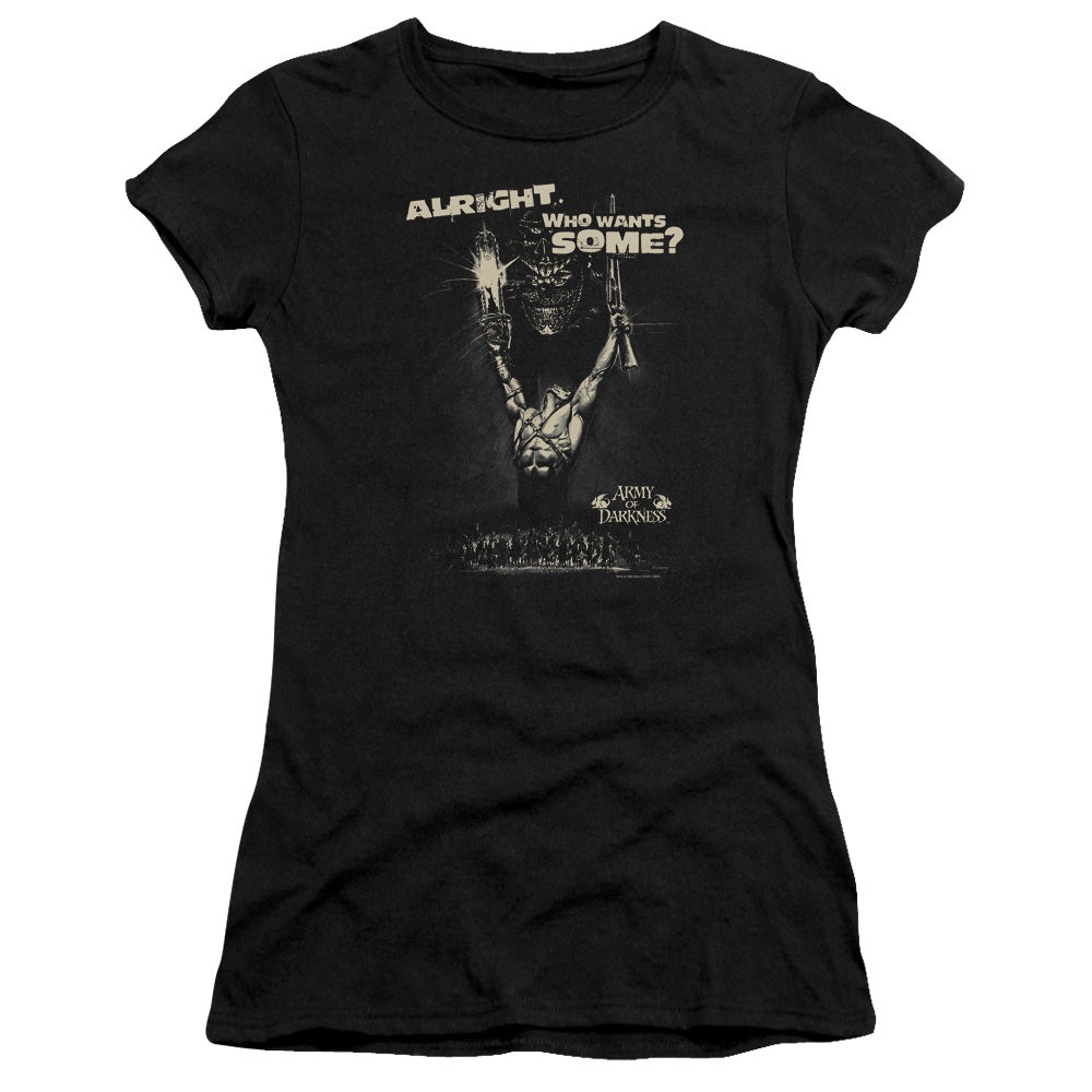 Army Of Darkness Want Some Junior Sheer Cap Sleeve Womens T Shirt Black