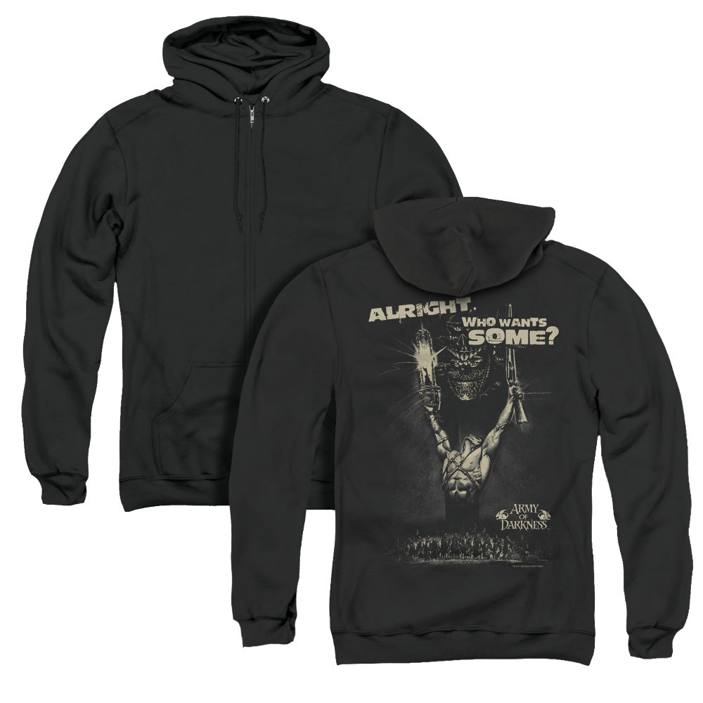 Army Of Darkness Want Some Back Print Zipper Mens Hoodie Black