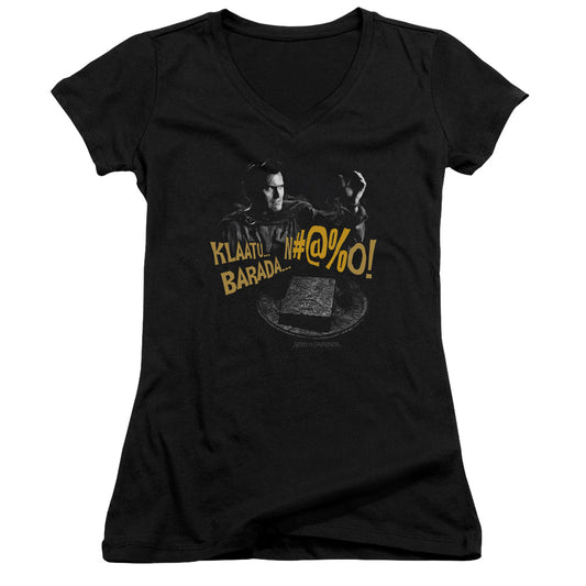 Army Of Darkness Klaatu… Barada Junior Sheer Cap Sleeve V-Neck Womens T Shirt Black