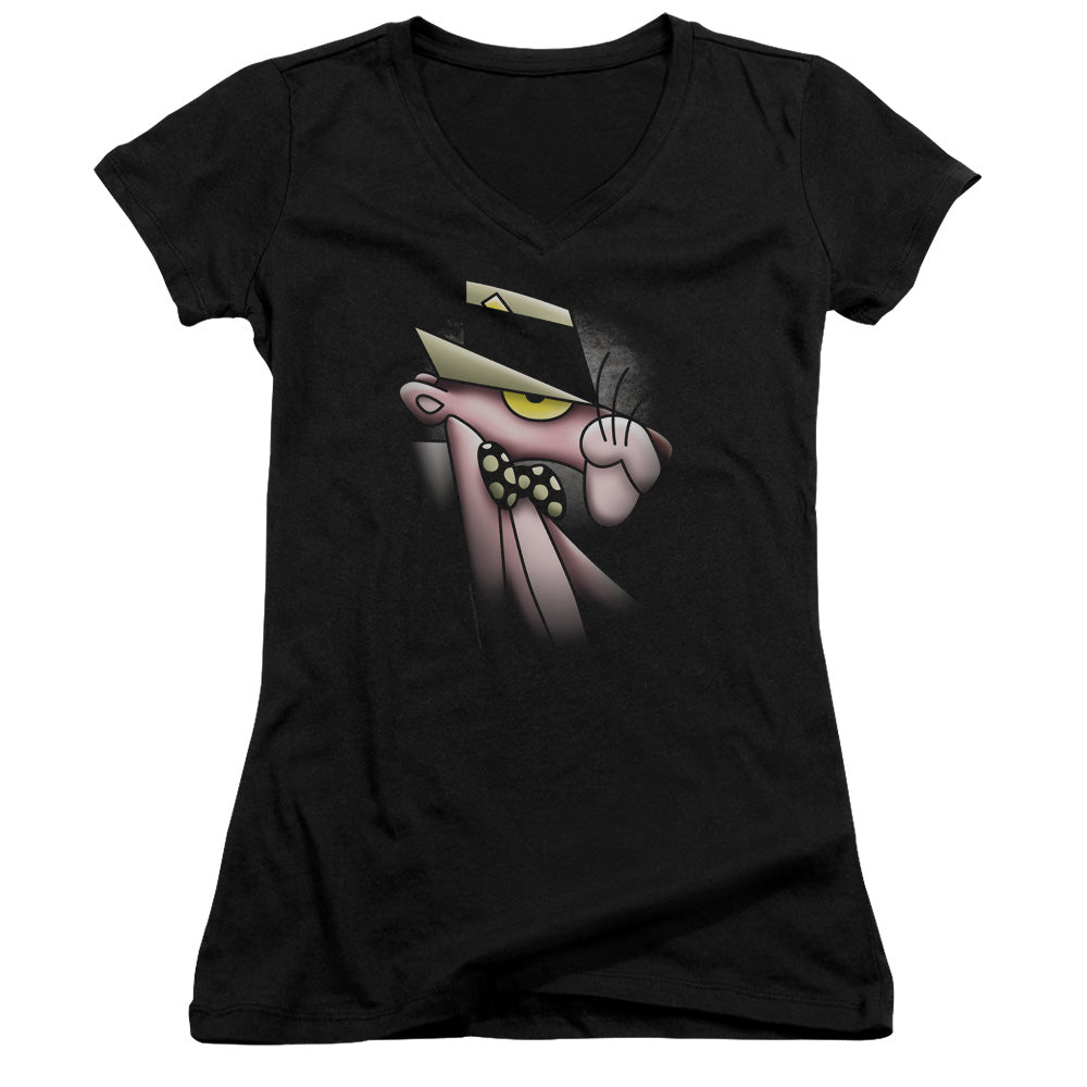 Pink Panther Ooth Panther Junior Sheer Cap Sleeve V Neck Womens T Shirt Black