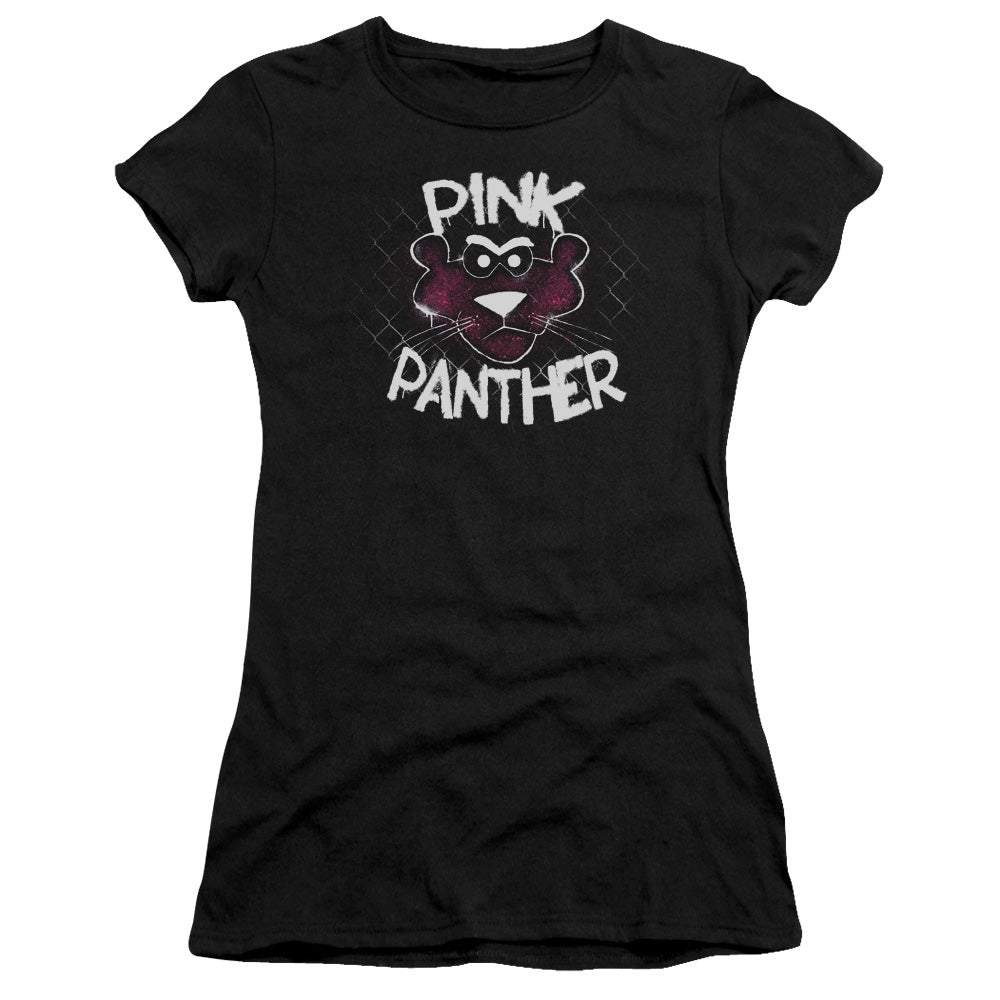 Pink Panther Spray Panther Junior Sheer Cap Sleeve Womens T Shirt Black