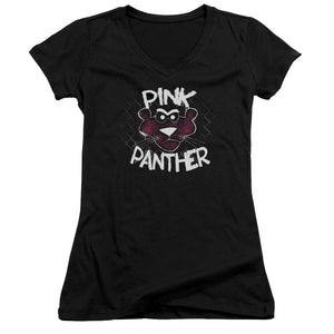 Pink Panther Spray Panther Junior Sheer Cap Sleeve V Neck Womens T Shirt Black