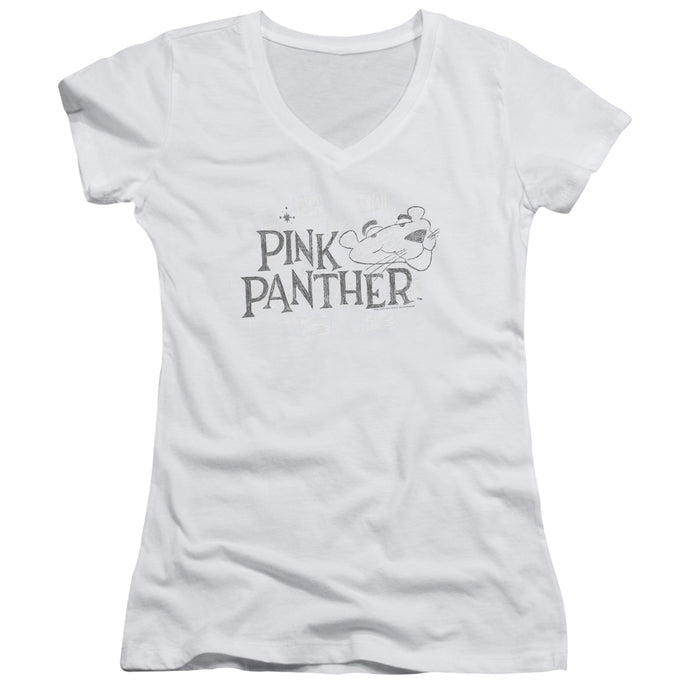 Pink Panther Sketch Logo Junior Sheer Cap Sleeve V Neck Womens T Shirt White