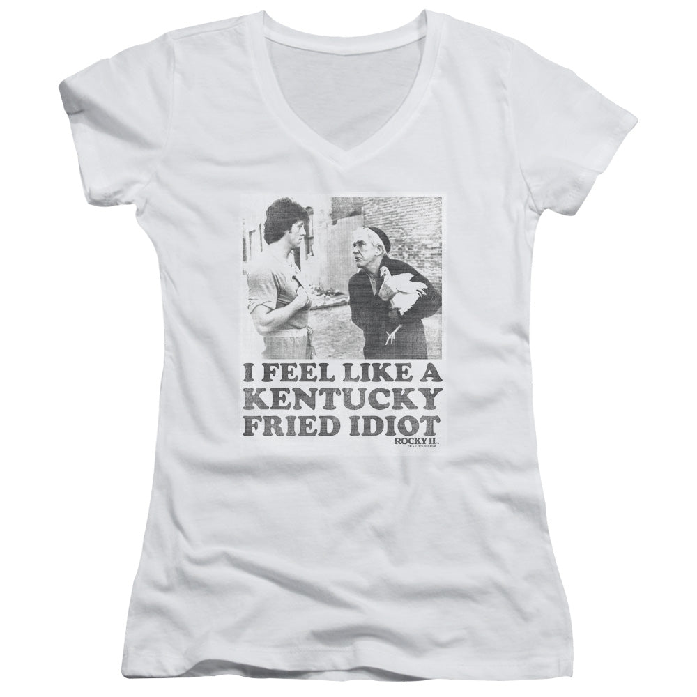 Rocky Fried Idiot Junior Sheer Cap Sleeve V-Neck Womens T Shirt White