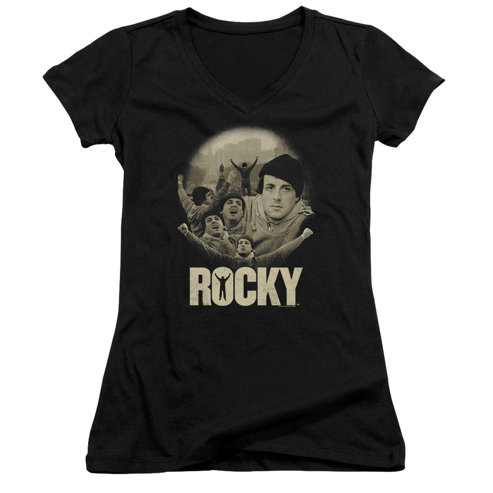 Rocky Feeling Strong Junior Sheer Cap Sleeve V-Neck Womens T Shirt Black