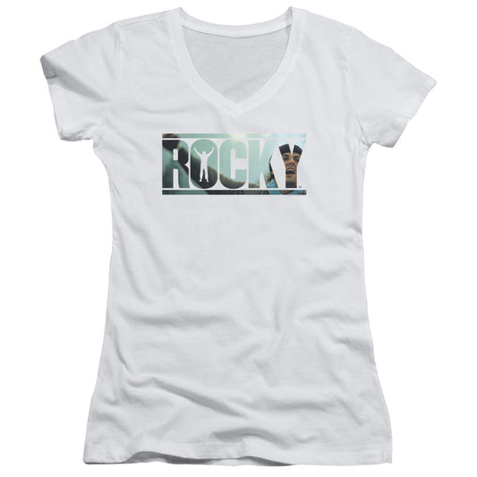 Rocky Cutout Logo Junior Sheer Cap Sleeve V-Neck Womens T Shirt White