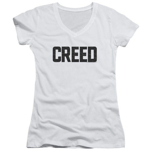 Creed Cracked Logo Junior Sheer Cap Sleeve V-Neck Womens T Shirt White