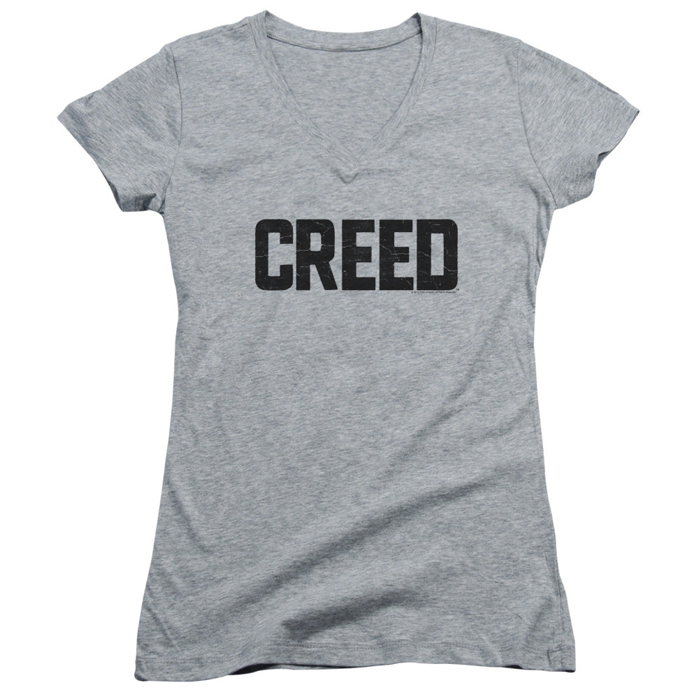 Creed Cracked Logo Junior Sheer Cap Sleeve V-Neck Womens T Shirt Athletic Heather