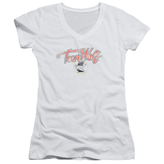 Teen Wolf Poster Logo Junior Sheer Cap Sleeve V Neck Womens T Shirt White