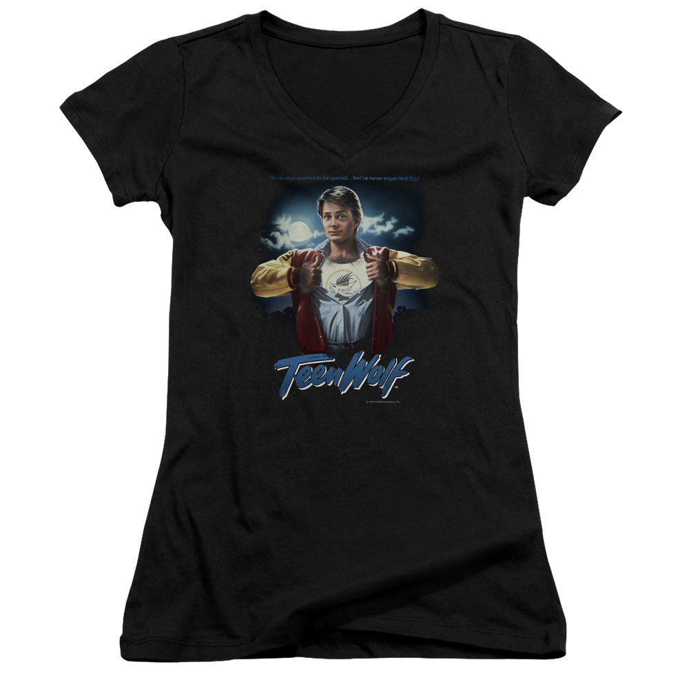 Teen Wolf Poster Junior Sheer Cap Sleeve V Neck Womens T Shirt Black