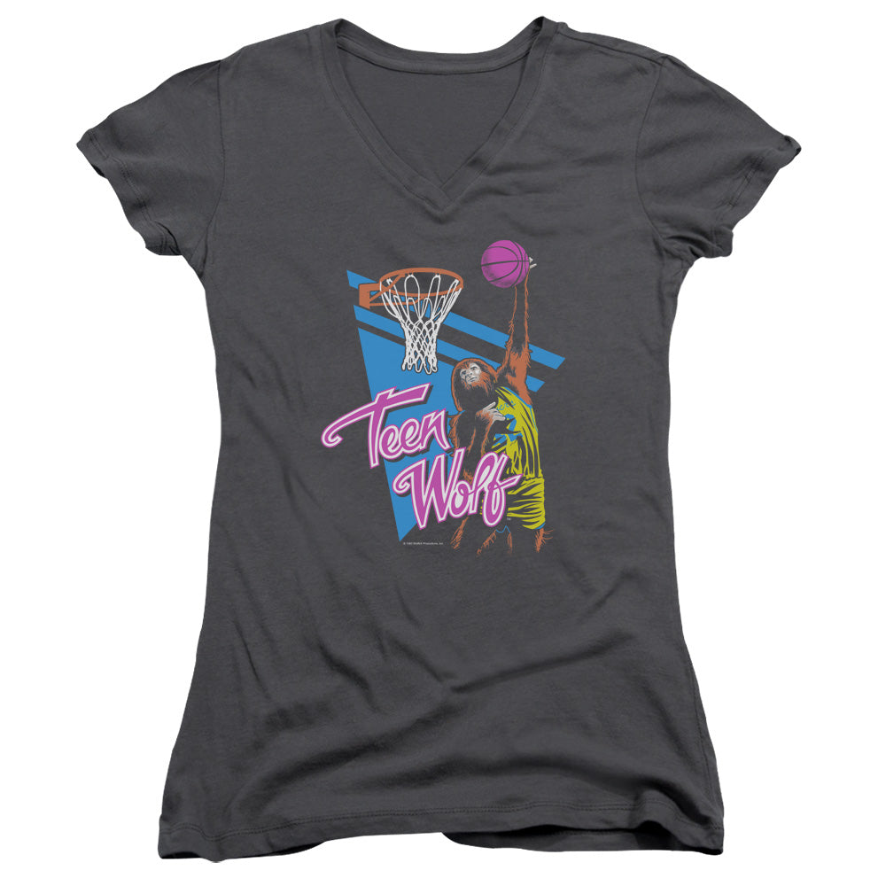 Teen Wolf Slam Dunk Junior Sheer Cap Sleeve V Neck Womens T Shirt Charcoal