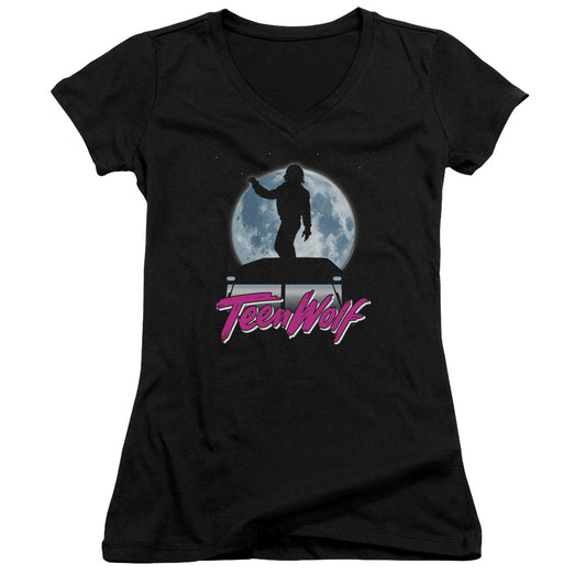 Teen Wolf Moonlight Surf Junior Sheer Cap Sleeve V Neck Womens T Shirt Black