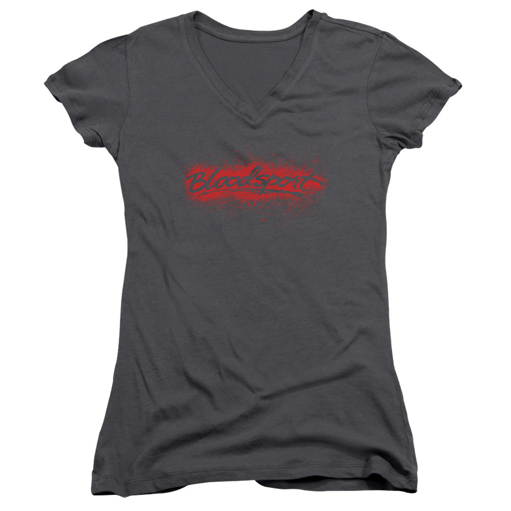 Bloodsport Blood Splatter Junior Sheer Cap Sleeve V-Neck Womens T Shirt Charcoal