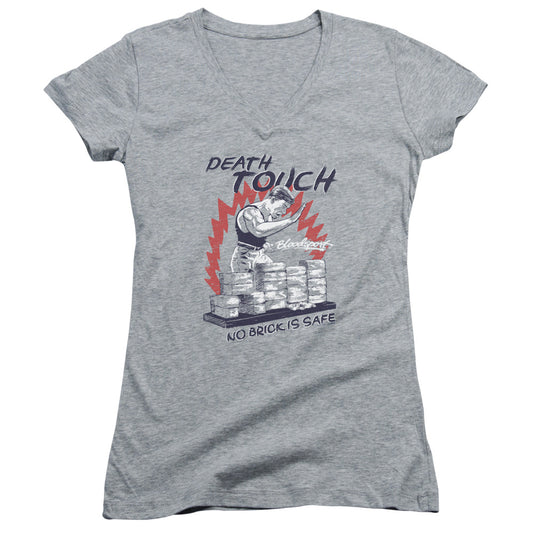 Bloodsport Death Touch Junior Sheer Cap Sleeve V-Neck Womens T Shirt Athletic Heather