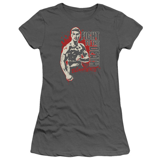 Bloodsport To The Death Junior Sheer Cap Sleeve Womens T Shirt Charcoal