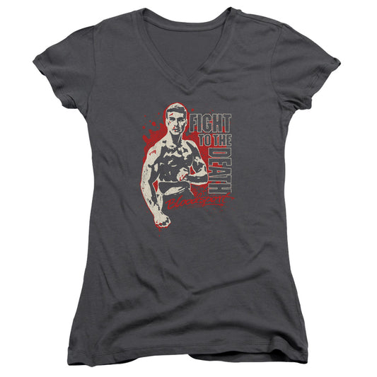 Bloodsport To The Death Junior Sheer Cap Sleeve V-Neck Womens T Shirt Charcoal