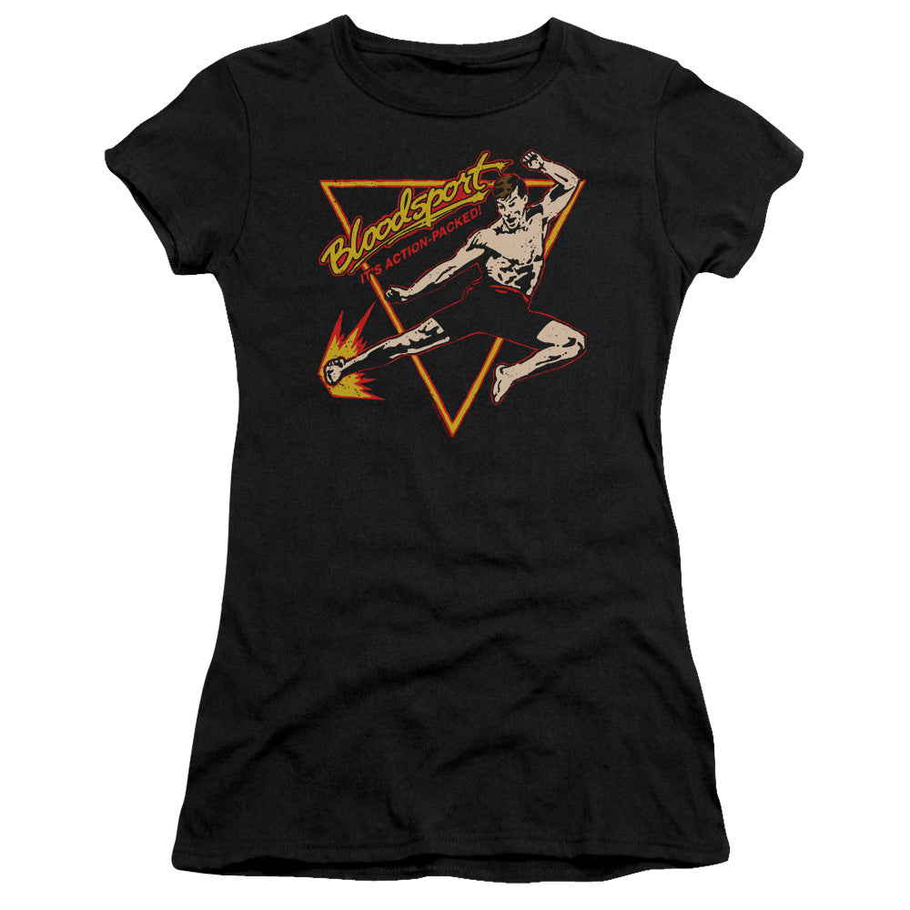 Bloodsport Action Packed Junior Sheer Cap Sleeve Womens T Shirt Black