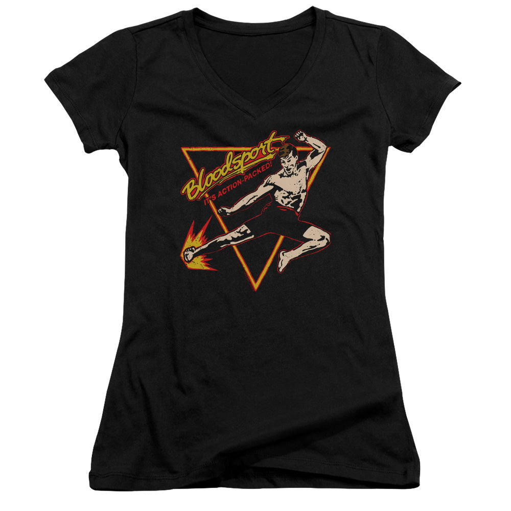 Bloodsport Action Packed Junior Sheer Cap Sleeve V-Neck Womens T Shirt Black