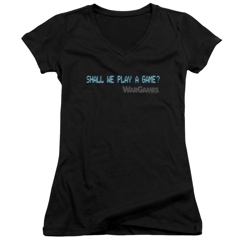 Wargames Shall We Junior Sheer Cap Sleeve V Neck Womens T Shirt Black