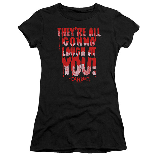 Carrie Laugh At You Junior Sheer Cap Sleeve Womens T Shirt Black