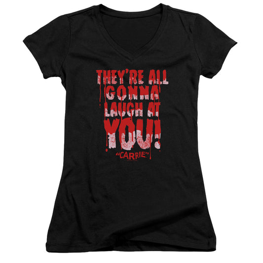 Carrie Laugh At You Junior Sheer Cap Sleeve V-Neck Womens T Shirt Black