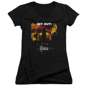 Amityville Horror Get Out Junior Sheer Cap Sleeve V-Neck Womens T Shirt Black