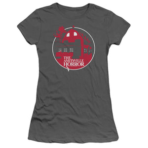Amityville Horror Red House Junior Sheer Cap Sleeve Womens T Shirt Charcoal