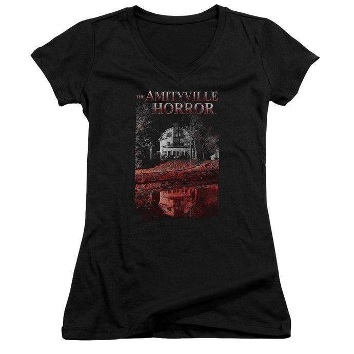 Amityville Horror Cold Blood Junior Sheer Cap Sleeve V-Neck Womens T Shirt Black