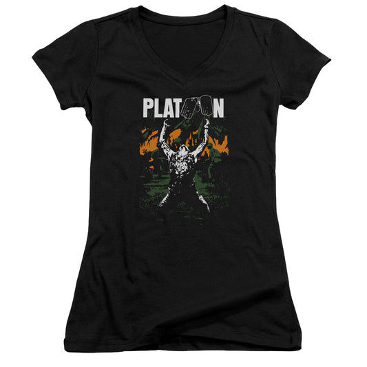 Platoon Graphic Junior Sheer Cap Sleeve V-Neck Womens T Shirt Black