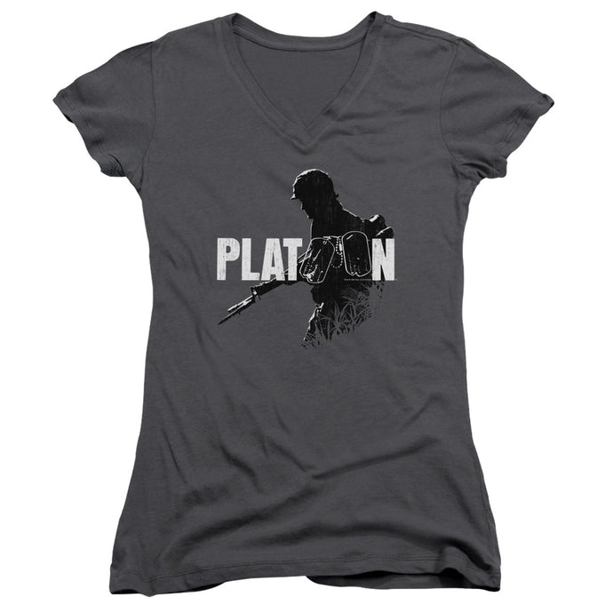Platoon Shadow Of War Junior Sheer Cap Sleeve V-Neck Womens T Shirt Charcoal