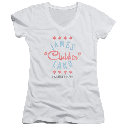 Rocky III Clubber Junior Sheer Cap Sleeve V-Neck Womens T Shirt White