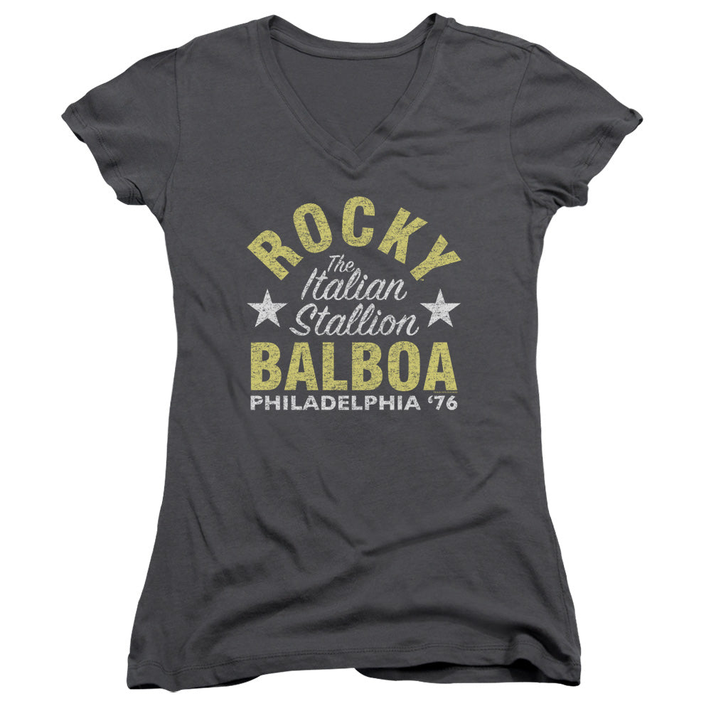 Rocky Rocky Philly Junior Sheer Cap Sleeve V-Neck Womens T Shirt Charcoal