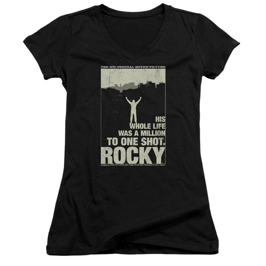 Rocky Silhouette Junior Sheer Cap Sleeve V-Neck Womens T Shirt Black