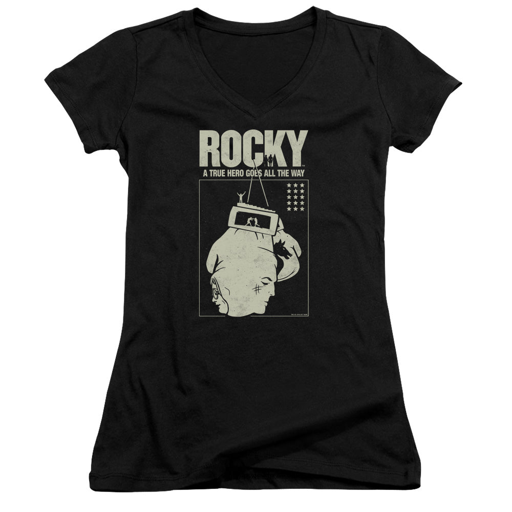 Rocky The Hero Junior Sheer Cap Sleeve V-Neck Womens T Shirt Black