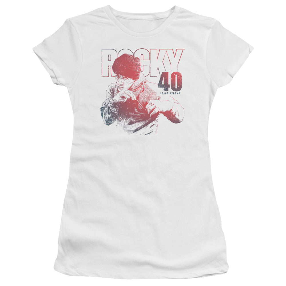 Rocky 40 Years Strong Junior Sheer Cap Sleeve Womens T Shirt White