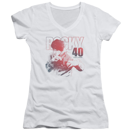 Rocky 40 Years Strong Junior Sheer Cap Sleeve V-Neck Womens T Shirt White